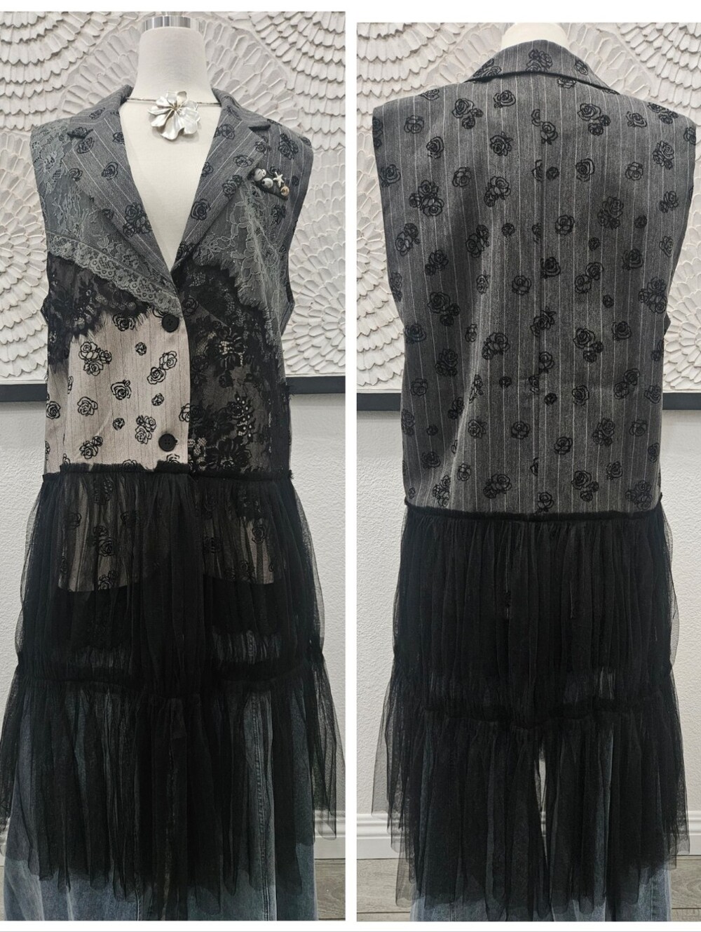 Boho Mixed-Print Tiered Maxi Vest with Lace Bodice - Picture 2 of 6